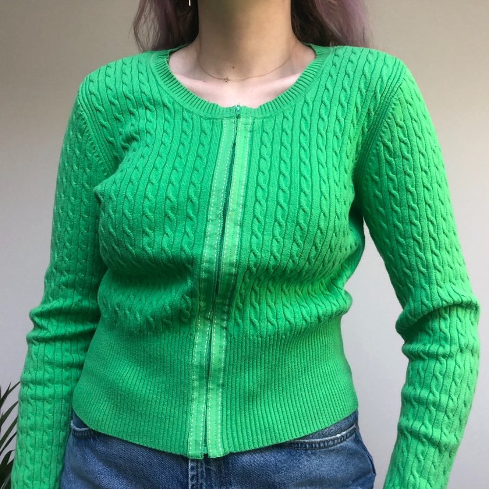 Tommy Hilfiger Bright Green Preppy Zip-up Cableknit Cardigan Size M